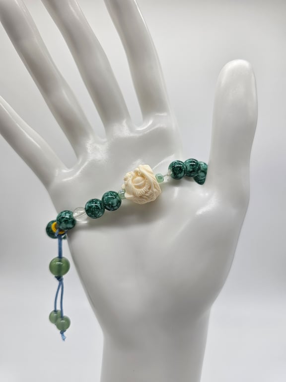 Jade and Green Glass Bead Bracelet with White Chinese Pixiu Charm
