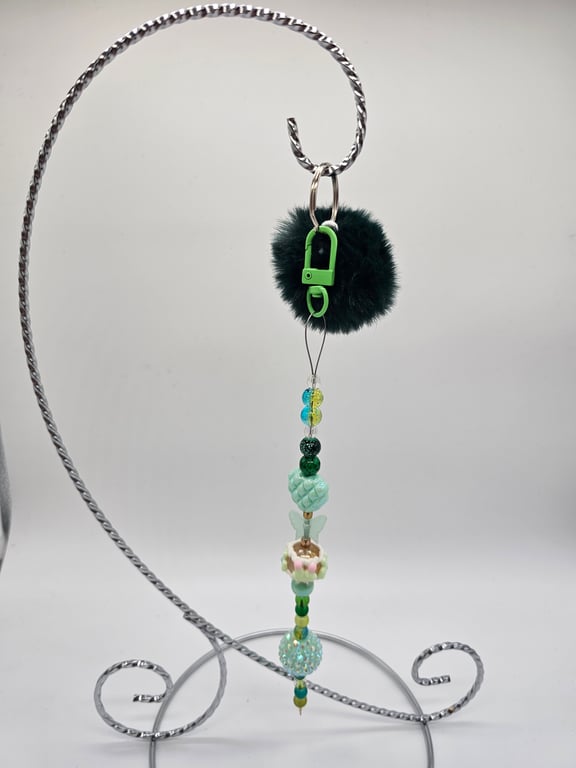 Green and Mint Beaded Keychain with Black Pom-Pom