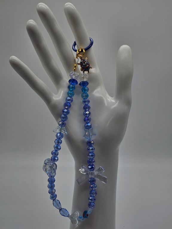 Blue Beaded Phone Bracelet with bow Charms