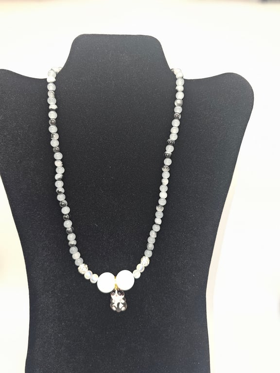Pastel Gray and Pink Beaded Necklace with Black and White Cat Charm