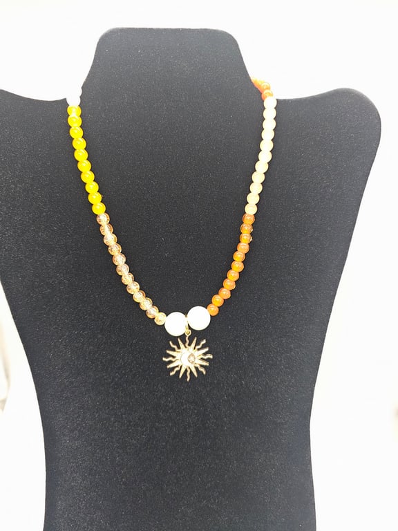 Sunshine Yellow and Orange Beaded Necklace with Silver Charm