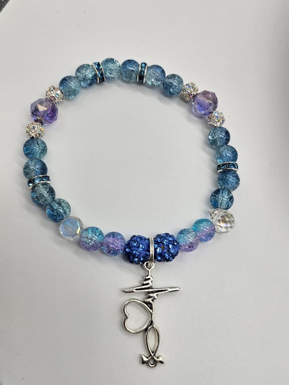 Sky Blue and Crystal Beaded Stretch Bracelet — photo 2