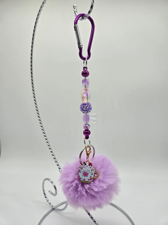 Purple Beaded Keychain with Lilac Pom-Pom and Enamel Teacup Charm