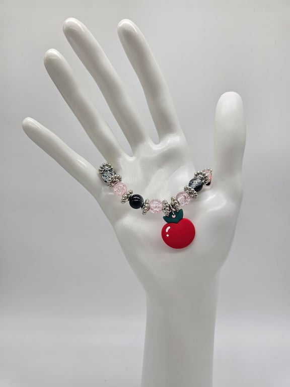 Silver and Pink Beaded Bracelet with Red Apple Charm