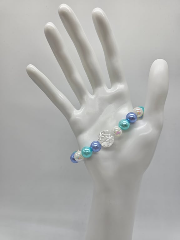 Sky Blue and Iridescent Glass Bead Stretch Bracelet