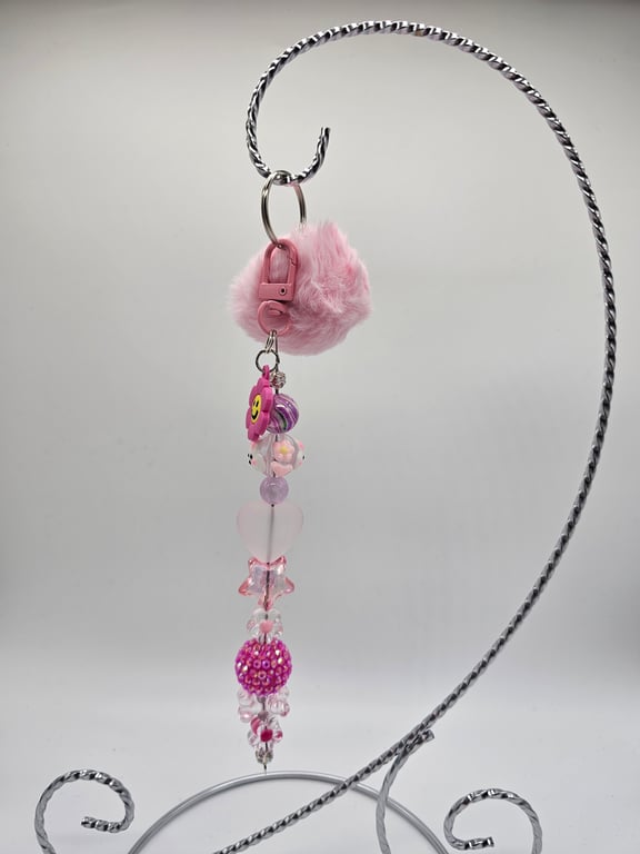 Pink Pom-Pom Keychain with Beaded Dangles