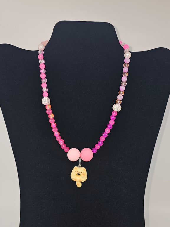 Pastel Pink Beaded Necklace with Kawaii Cat Donut Charm