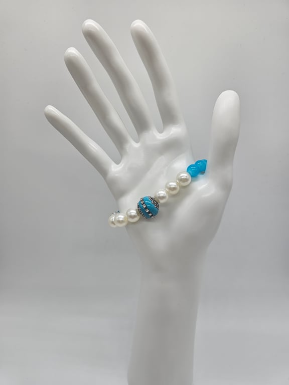 Sky Blue and Cream Beaded Bracelet with Silver Charms