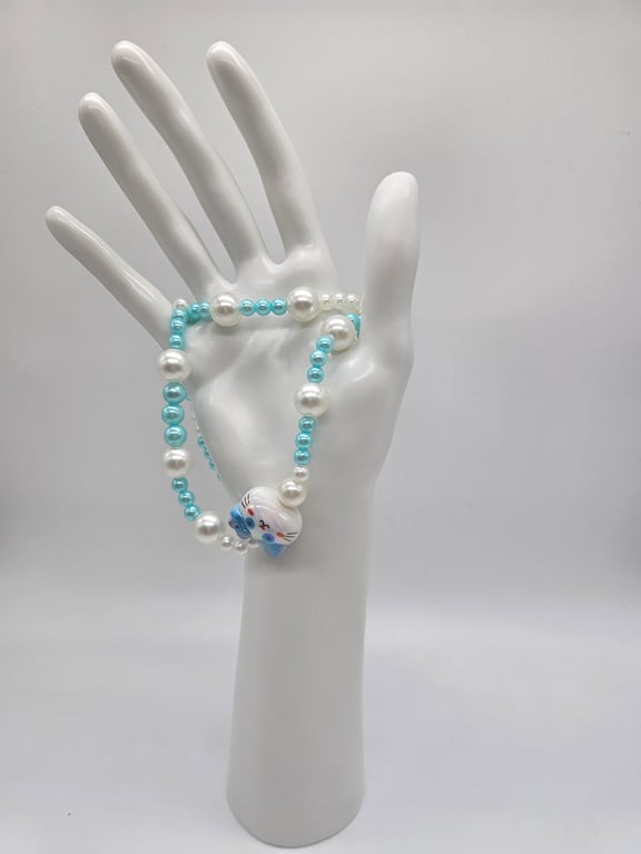 Sky Blue and White Bead Necklace with White Cat Charm