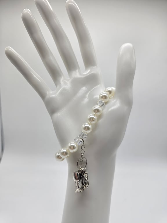 Creamy Pearl and Crystal Beaded Bracelet with Silver Pomegranate, Torah, and Kiddush Cup Charms