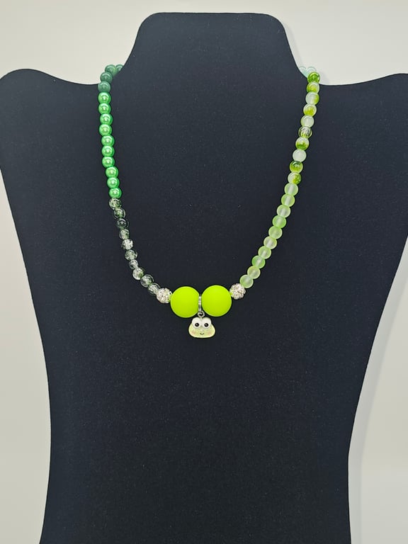 Green and Yellow Beaded Necklace with Frog Keroppi Charm