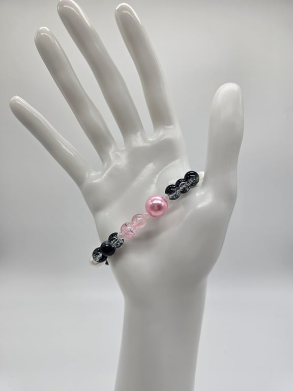 Pink and Black Beaded Stretch Bracelet