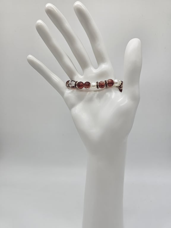 Brown and White Beaded Stretch Bracelet