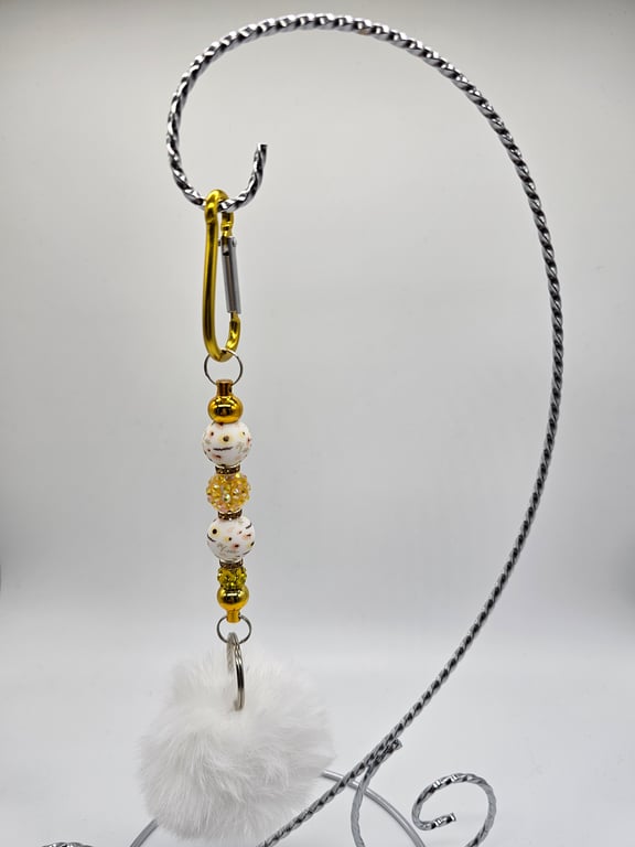 Golden Beaded Keychain with White Pom-Pom