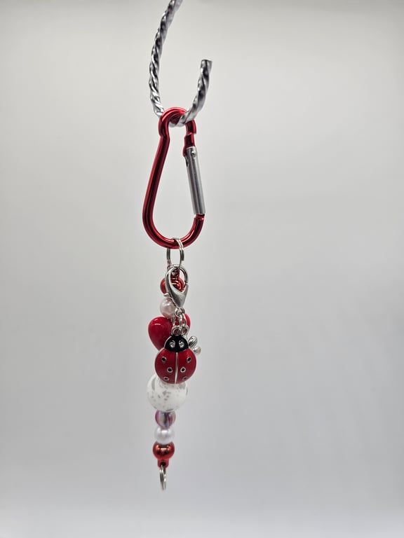 Red and White Beaded Keychain with Ladybug Charm