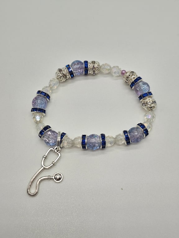 Sky Blue and Silver Beaded Stretch Bracelet — photo 2