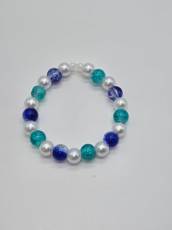 Sky Blue and Navy Glass Pearl and Crackled Bead Bracelet — photo 2
