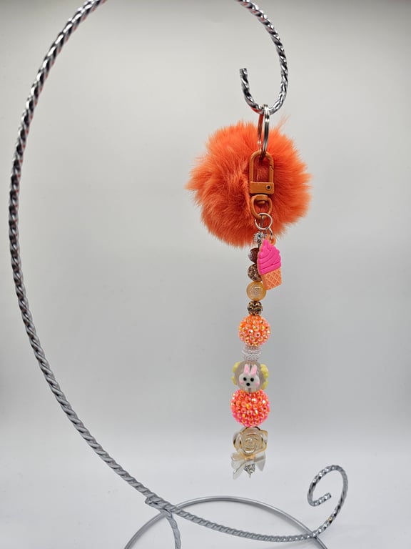 Coral Pom-Pom Keychain with Dog Charm