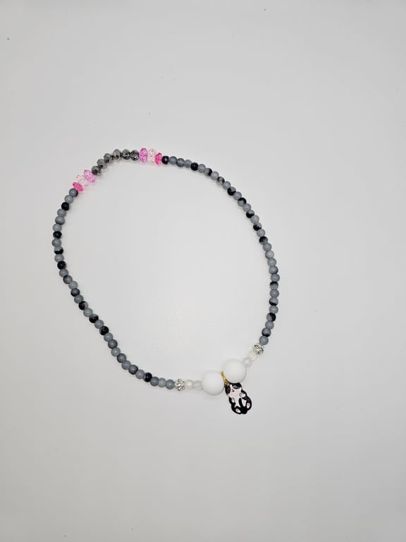 Pastel Gray and Pink Beaded Necklace with Black and White Cat Charm — photo 2