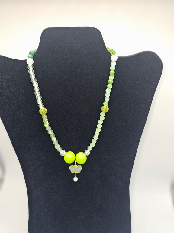 Pastel Green and White Beaded Necklace with Green Charm