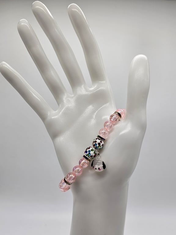 Pink and White Animal Print Beaded Stretch Bracelet