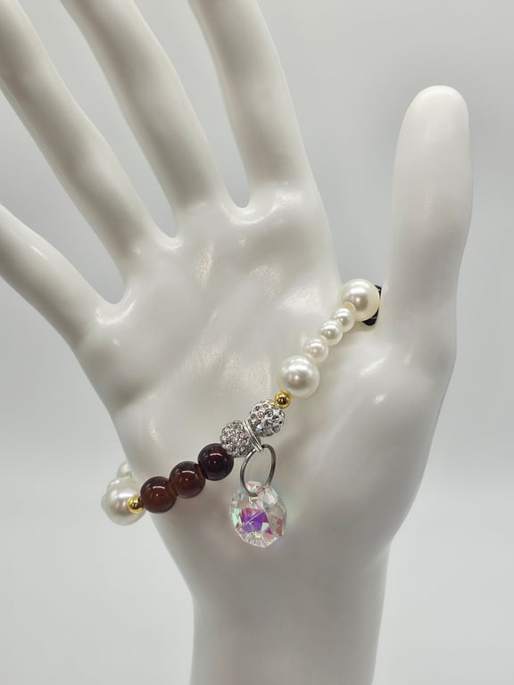 Brown and White Beaded Bracelet with Crystal Charm — photo 1