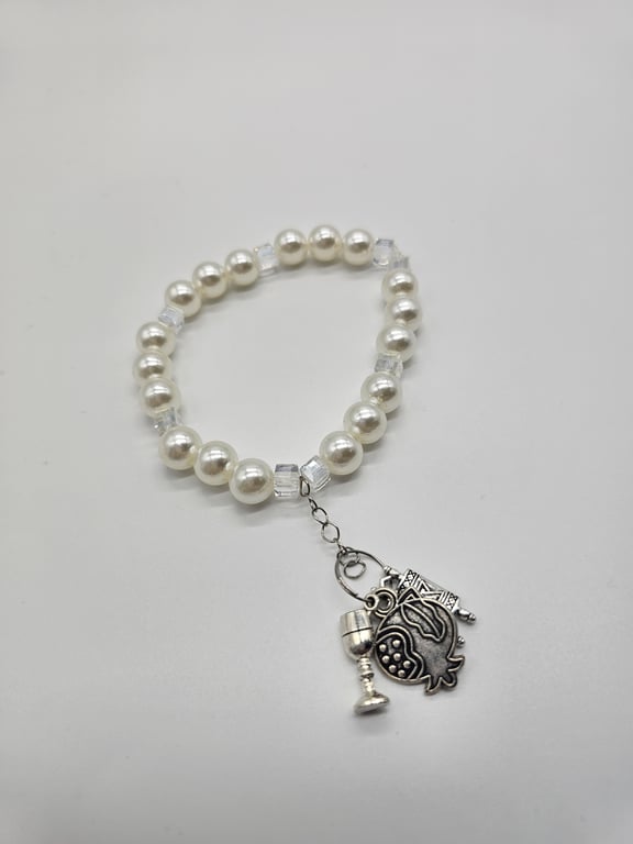 Creamy Pearl and Crystal Beaded Bracelet with Silver Pomegranate, Torah, and Kiddush Cup Charms — photo 2