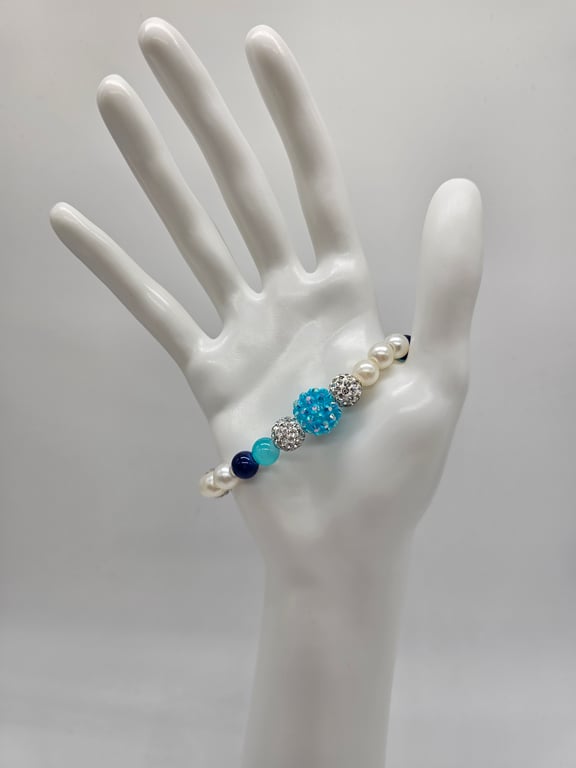 Sky Blue and Silver Beaded Stretch Bracelet