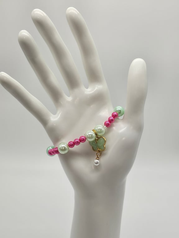 Green and White Glass Beaded Stretch Bracelet And a Pink and Green Butterfly Charm (Pack of 2) — photo 3