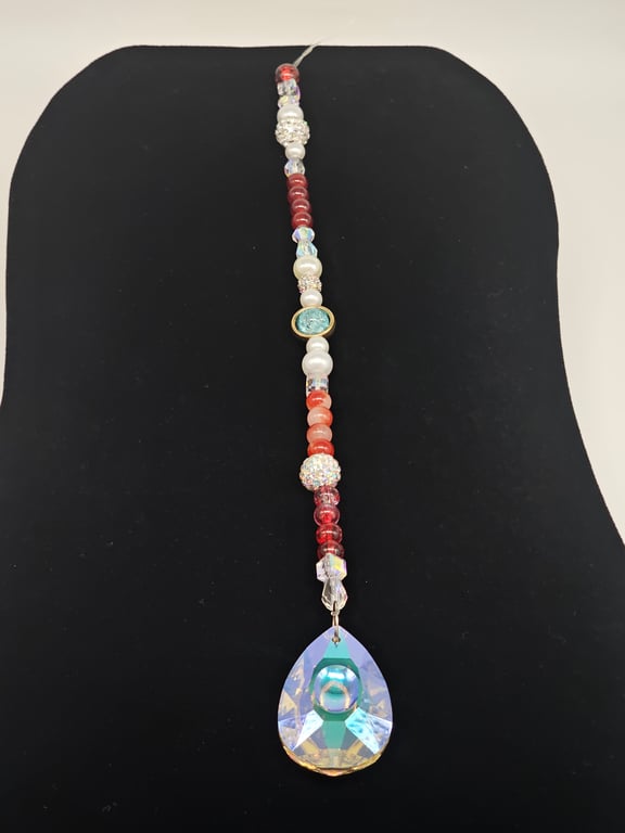 Vibrant Red and White Beaded Suncatcher with Teardrop Crystal Prism