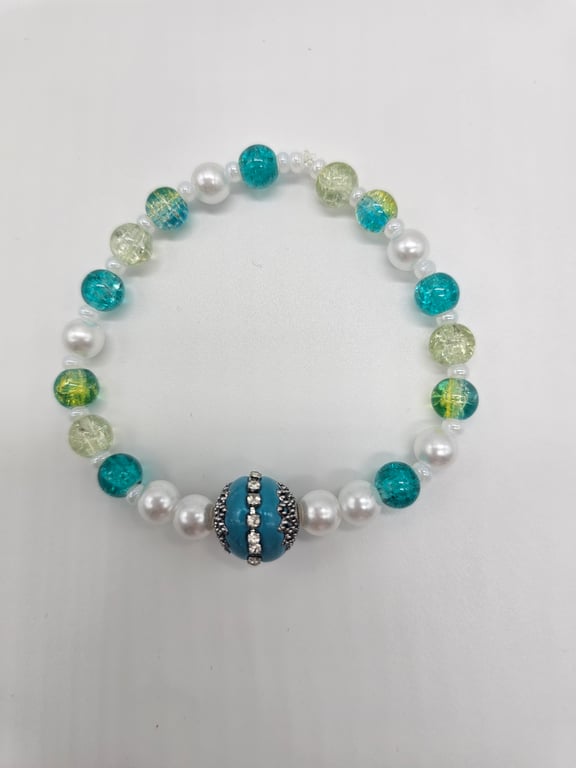 Sky Blue and White Beaded Stretch Bracelet — photo 2