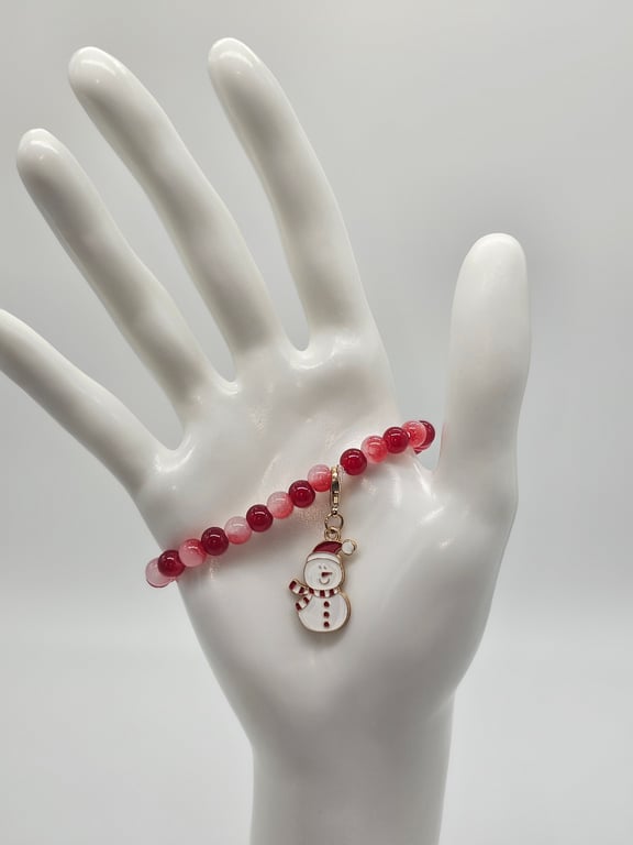 Red and Bright Red Beaded Stretch Bracelet with Snowman Charm