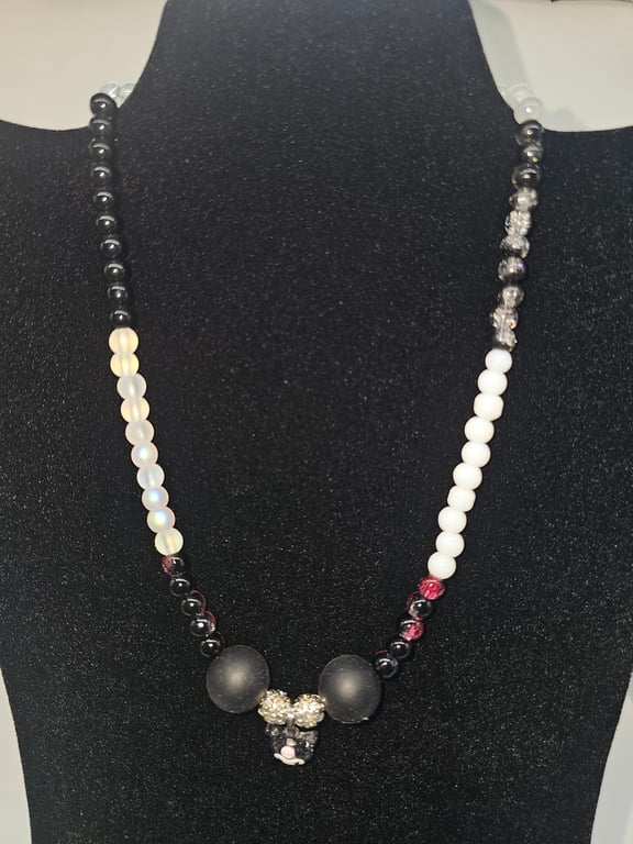 Gray and White Beaded Necklace with Kuromi Charm