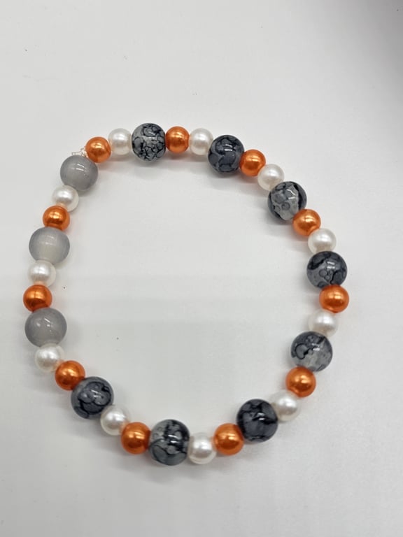 Orange, White, and Gray Beaded Stretch Bracelet — photo 2