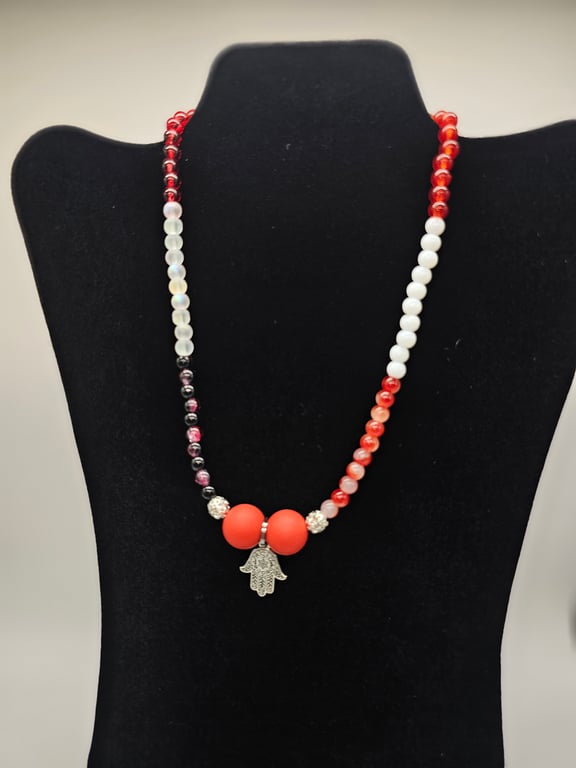 Red, Black, and White Beaded Necklace