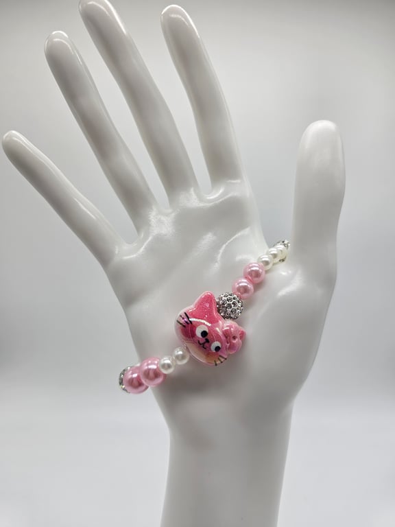 Pink and White Pearl Beaded Bracelet with Pink Cat Charm