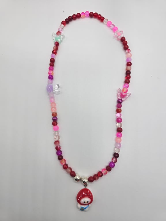 Pink and Red Bead Necklace with Strawberry bunny Charm — photo 2
