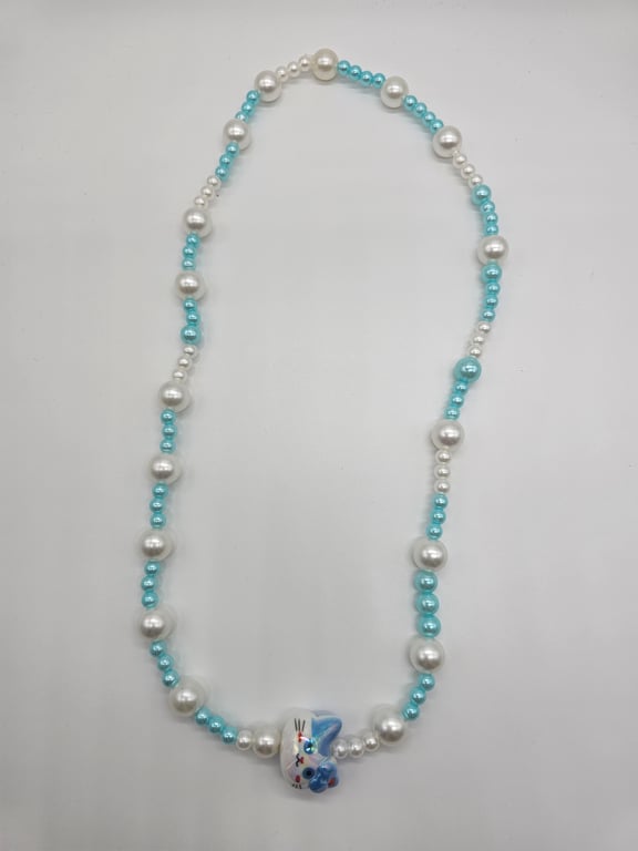 Sky Blue and White Bead Necklace with White Cat Charm — photo 2