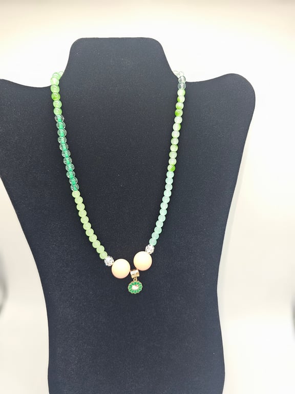 Pastel Green and Cream Beaded Necklace with Charm