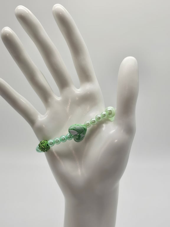 Green and White Glass Beaded Stretch Bracelet And a Pink and Green Butterfly Charm (Pack of 2) — photo 1
