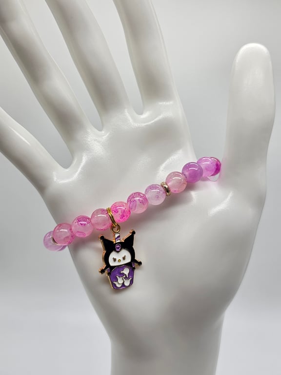 Purple and Pink Beaded Bracelet with Cat Charm