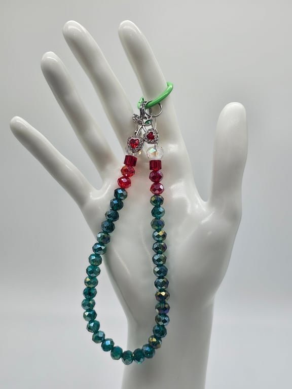 Red and Green cherry Beaded Phone Wristlet