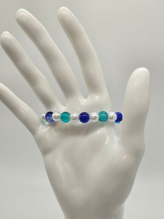 Sky Blue and Navy Glass Pearl and Crackled Bead Bracelet — photo 1