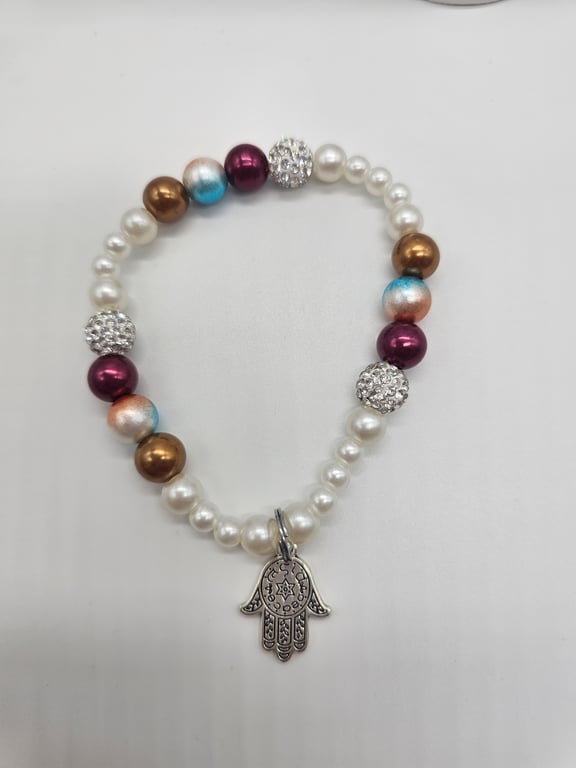 Purple and Gold Pearl Hamsa Hand Bracelet — photo 2