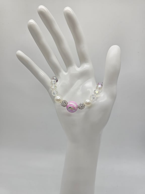 Pearl and Pink Beaded Stretch Bracelet