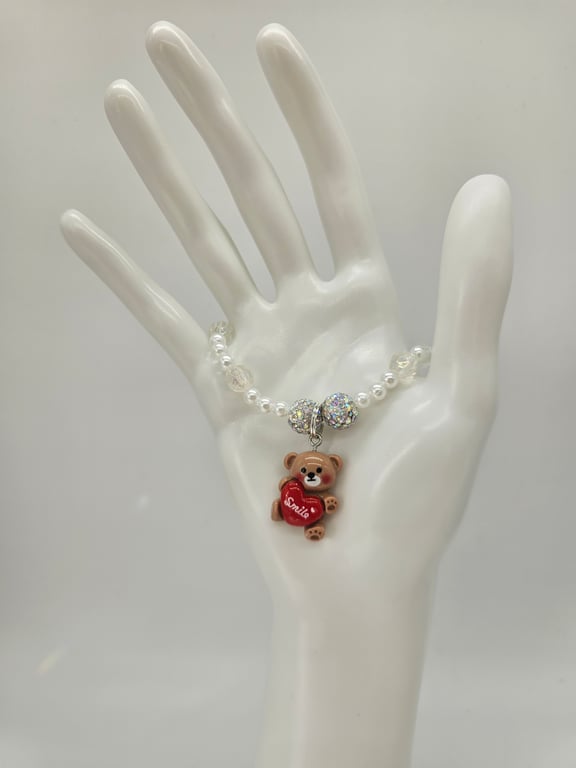 Pearl and Crystal Bracelet with Red Teddy Bear Charm