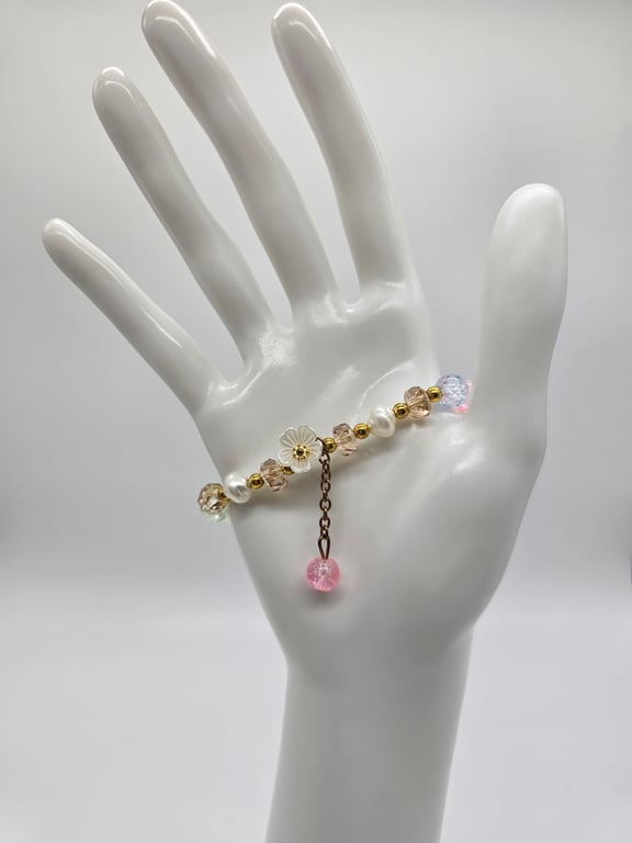 Gold and Pink Beaded Stretch Bracelet