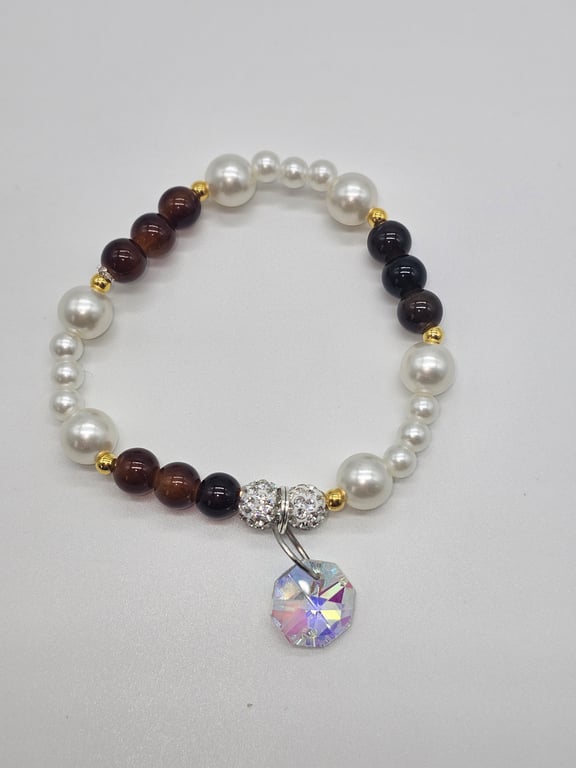 Brown and White Beaded Bracelet with Crystal Charm — photo 2