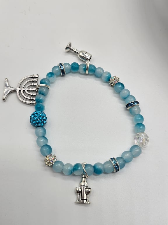 Sky Blue and Clear Beaded Bracelet with Silver Menorah and Wine Charms — photo 2