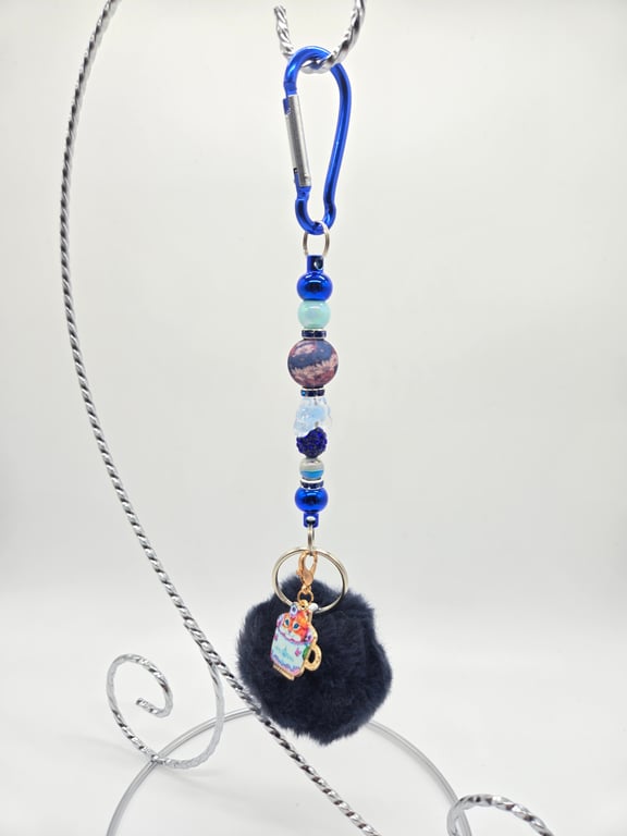 Sky Blue Pom-Pom Keychain with Purple Accent Beads